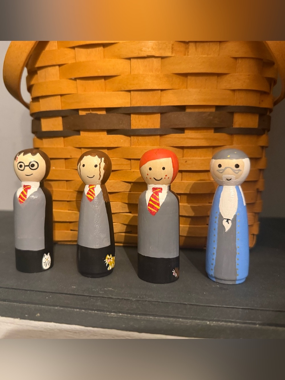 Hand-Painted Wizard Peg Dolls — Gray Robes with Red & Yellow Ties